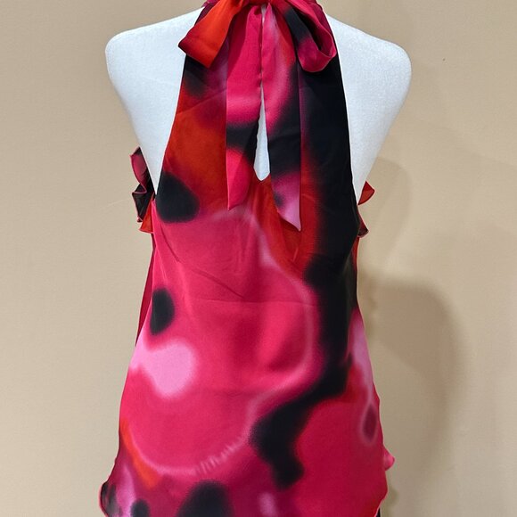Women Vintage Express Halter Blouse Ruffle Flower Red Black Pink Size S Back Bow - Picture 5 of 11
